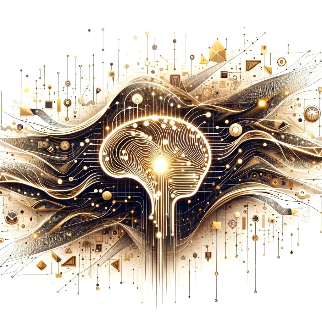 Abstract gold and navy illustration of a brain woven into a circuit pattern