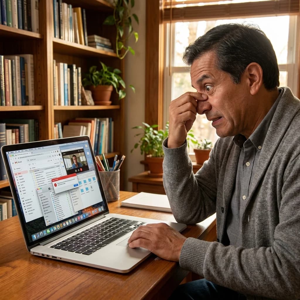 A man in his private practice office pinching the bridge of his nose, eyes locked on a chaotic laptop screen — exasperated by the software