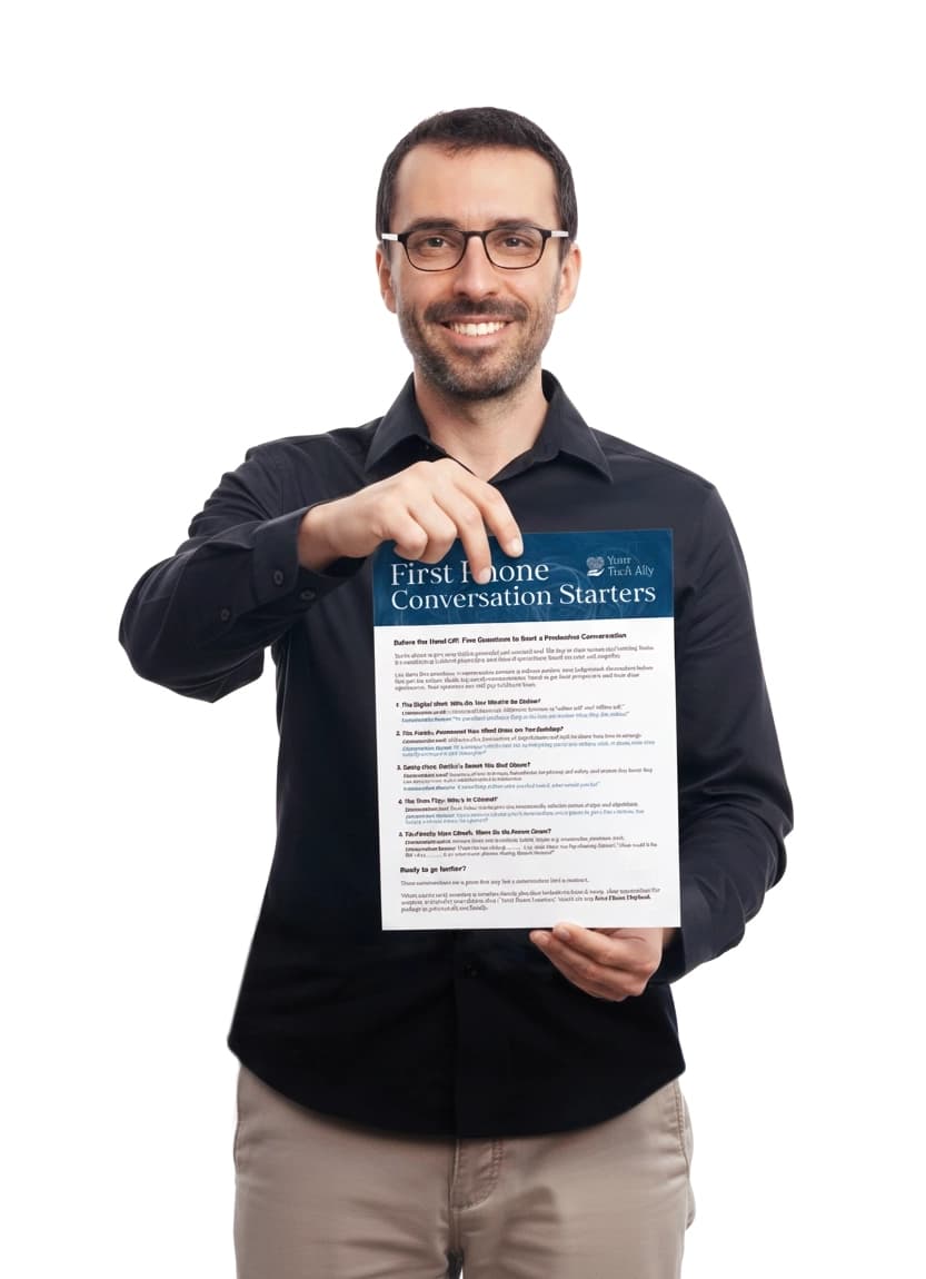 Sean holding the First Phone Conversation Starters document